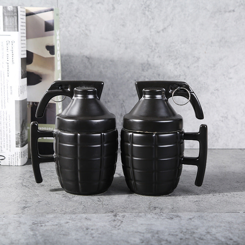 "New Style Grenade Ceramic Mug With Lid" | 11.8oz Military Grenade Shape Mug in Black Color