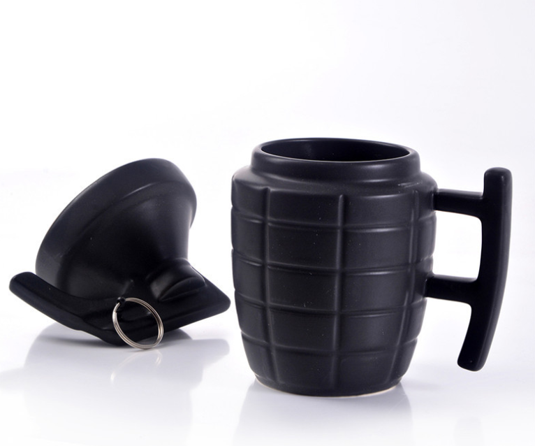 "New Style Grenade Ceramic Mug With Lid" | 11.8oz Military Grenade Shape Mug in Black Color