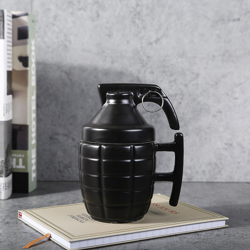 "New Style Grenade Ceramic Mug With Lid" | 11.8oz Military Grenade Shape Mug in Black Color